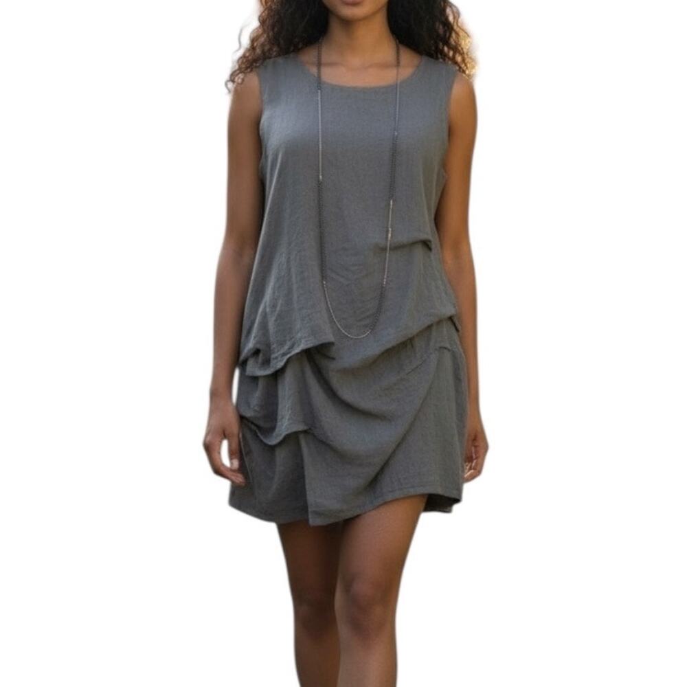 Chalet Gray Linen Sundress Large | Tiered Bubble Hem